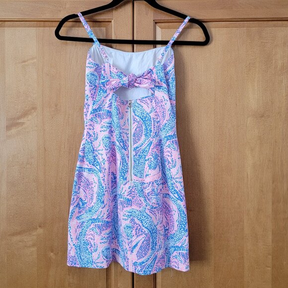 Lilly Pulitzer Coastal Blue Pink Mini Dress Spaghetti Straps Open Tie Back - 00 - Picture 4 of 16